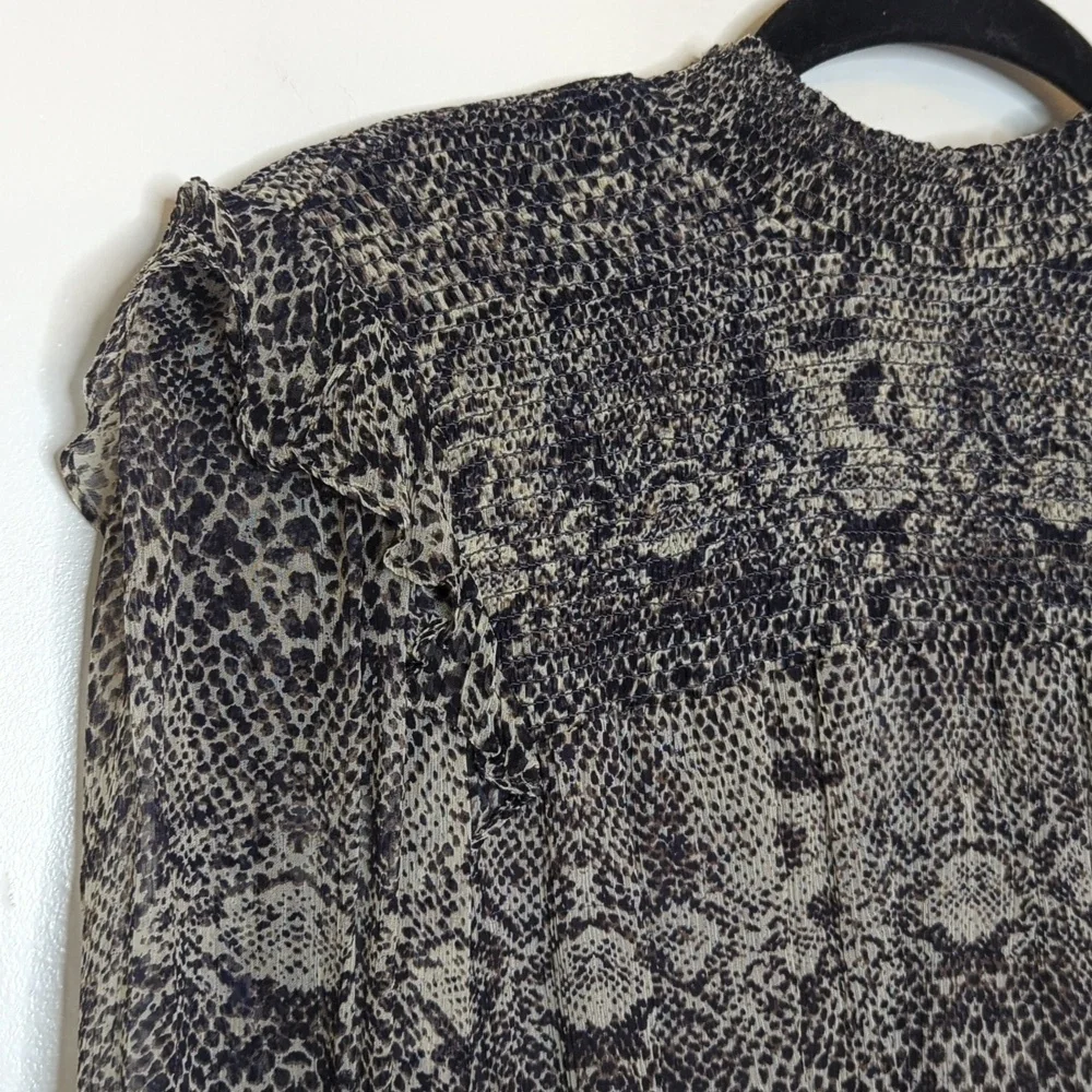 Free People Roma Crepe Blouse Snakeskin Print Gray Long Sleeve Ruffle XS